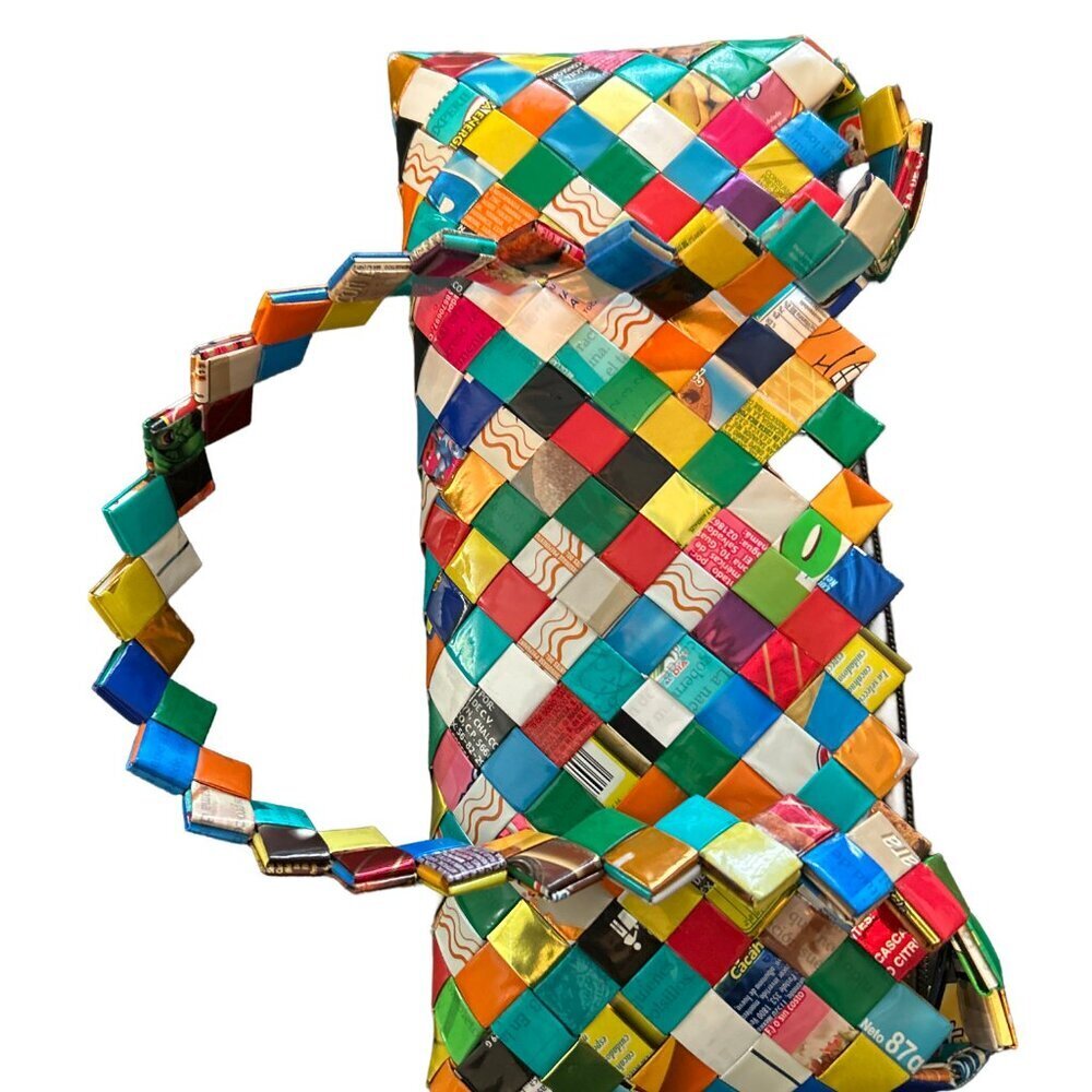 Upcycled Cereal Box Purse Colorful Woven Design Eco-Friendly Fashion Handmade - Picture 6 of 8